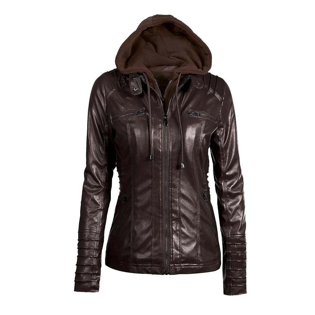 FTLZZ New Women Faux Leather Jacket Pu Motorcycle Hooded Hat Detachable Casual Leather Plus Size 5xl Punk Outerwear