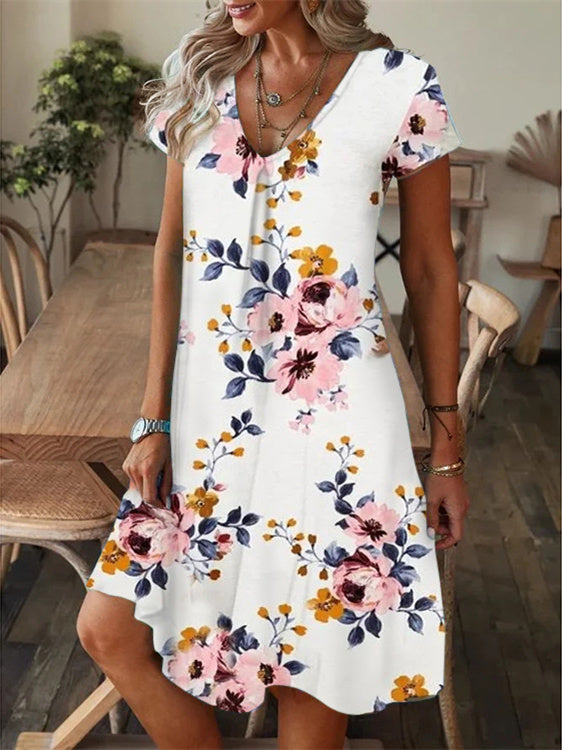 Women's Short Sleeve V-neck Graphic Printed Midi Dress