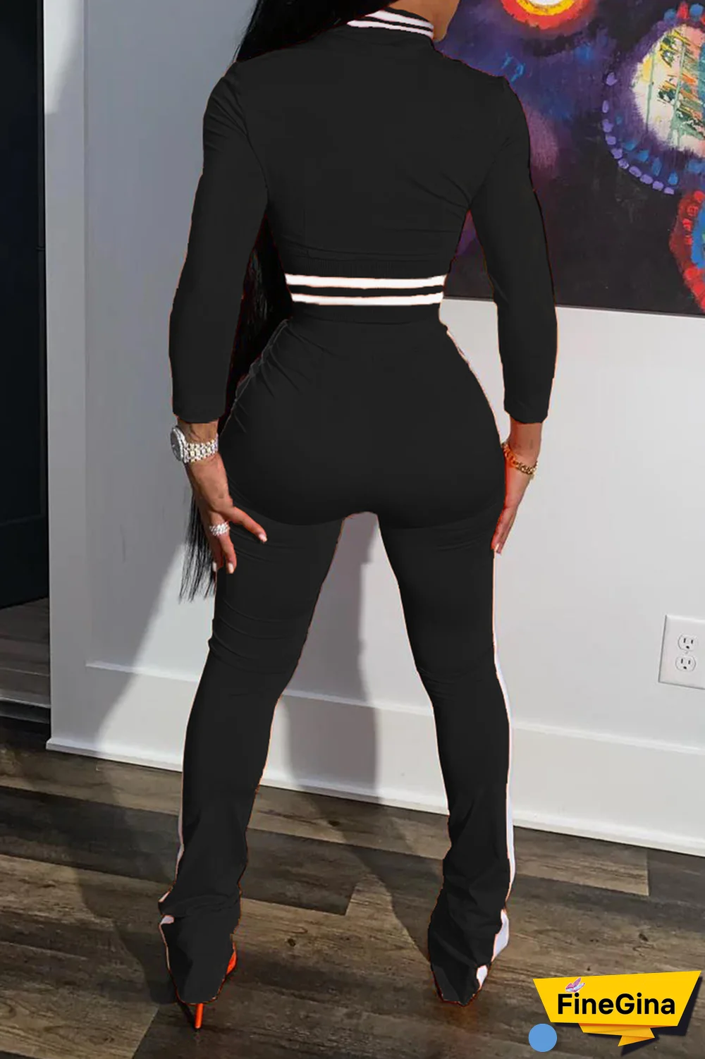 Black Street Print Patchwork Mandarin Collar Long Sleeve Two Pieces