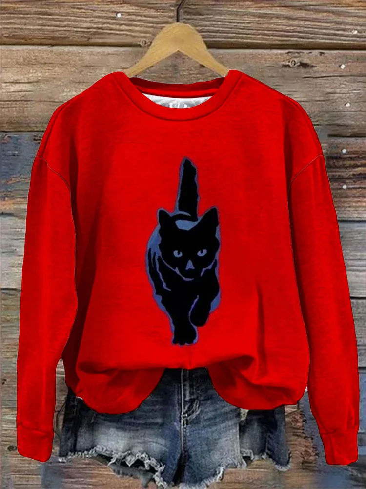 Women's Black Cat Step Casual Long Sleeve Top socialshop