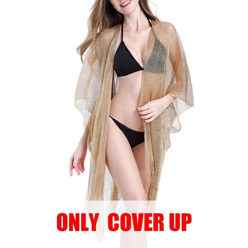 Tassel gold bikini cover up Sexy beach dress tunics for women beachwear 2021 Summer See through swimsuit cover-ups kaftan new