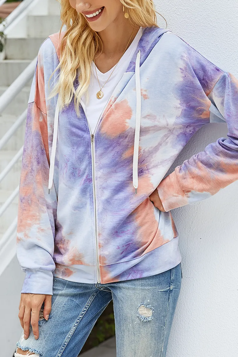 Tie Dye Zipper Long Sleeve Hoodie Coat