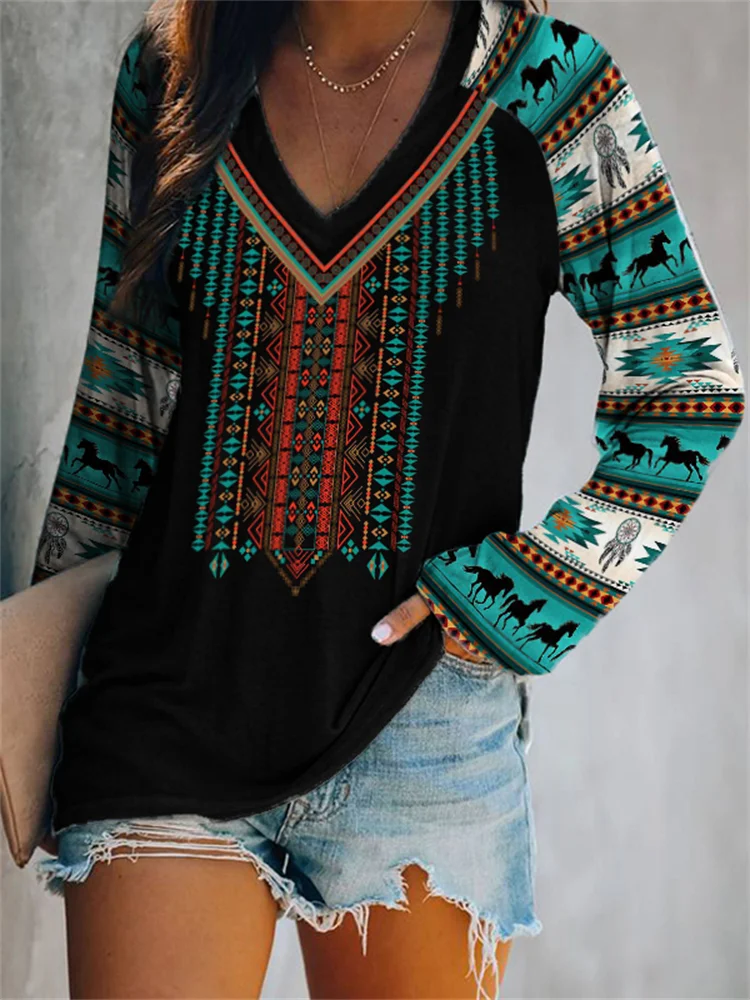 Western Ethnic Inspired Patchwork V Neck T Shirt