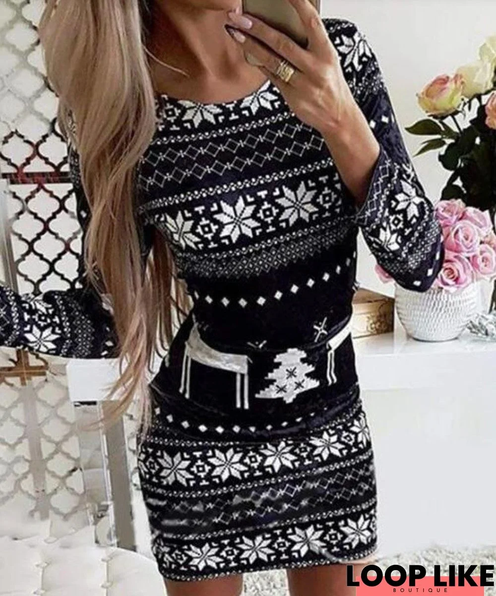 Snowflake Print Velvet Casual Dress Black Dresses