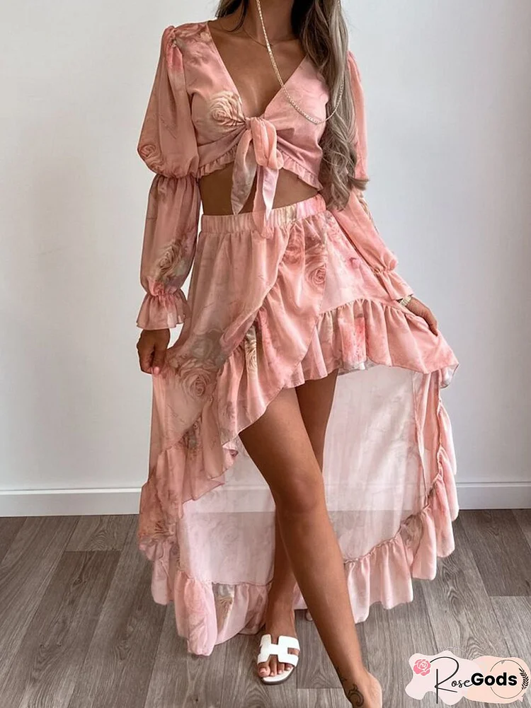 Women Lace Crop Shirt + Short Front Long Back Irregular Bust Skirt Suits Summer Fashion Printed Blouse 2Pc Set New Short Skirt Set