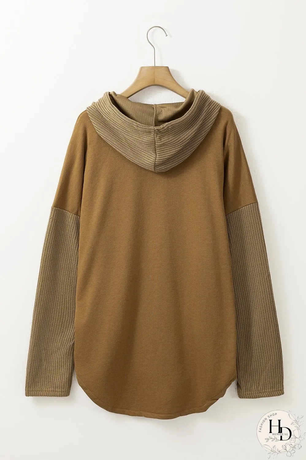 Brown Button Up Contrast Knitted Sleeves Hooded Jacket