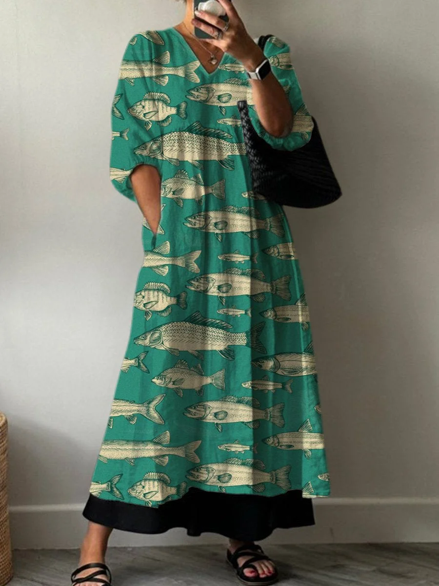Sea Fish Pattern Printed Women's Pocket V-Neck Cotton Dress