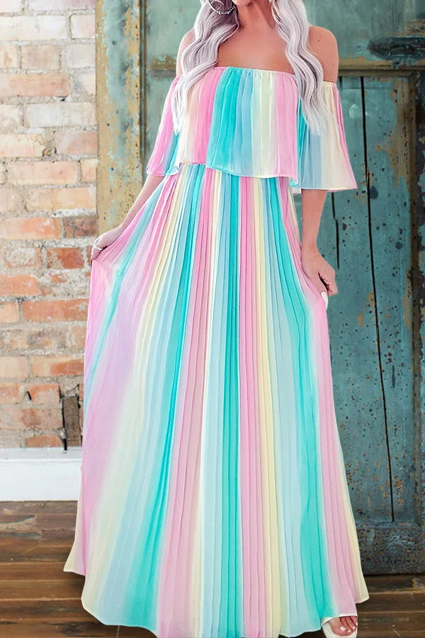 Shiny Rainbow Stripe Print Pleated Off Shoulder Maxi Dress