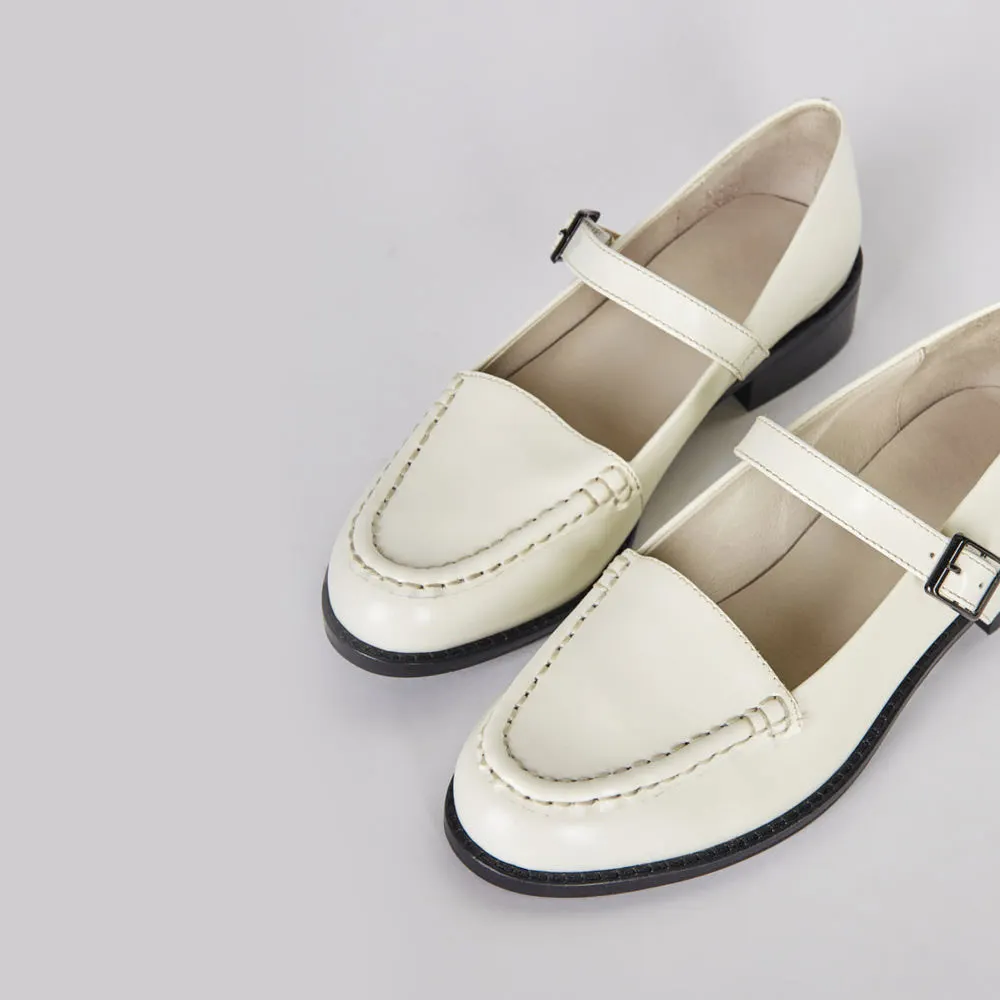 White Round Toe Low Block Heel Buckle Women Mary Jane Shoes