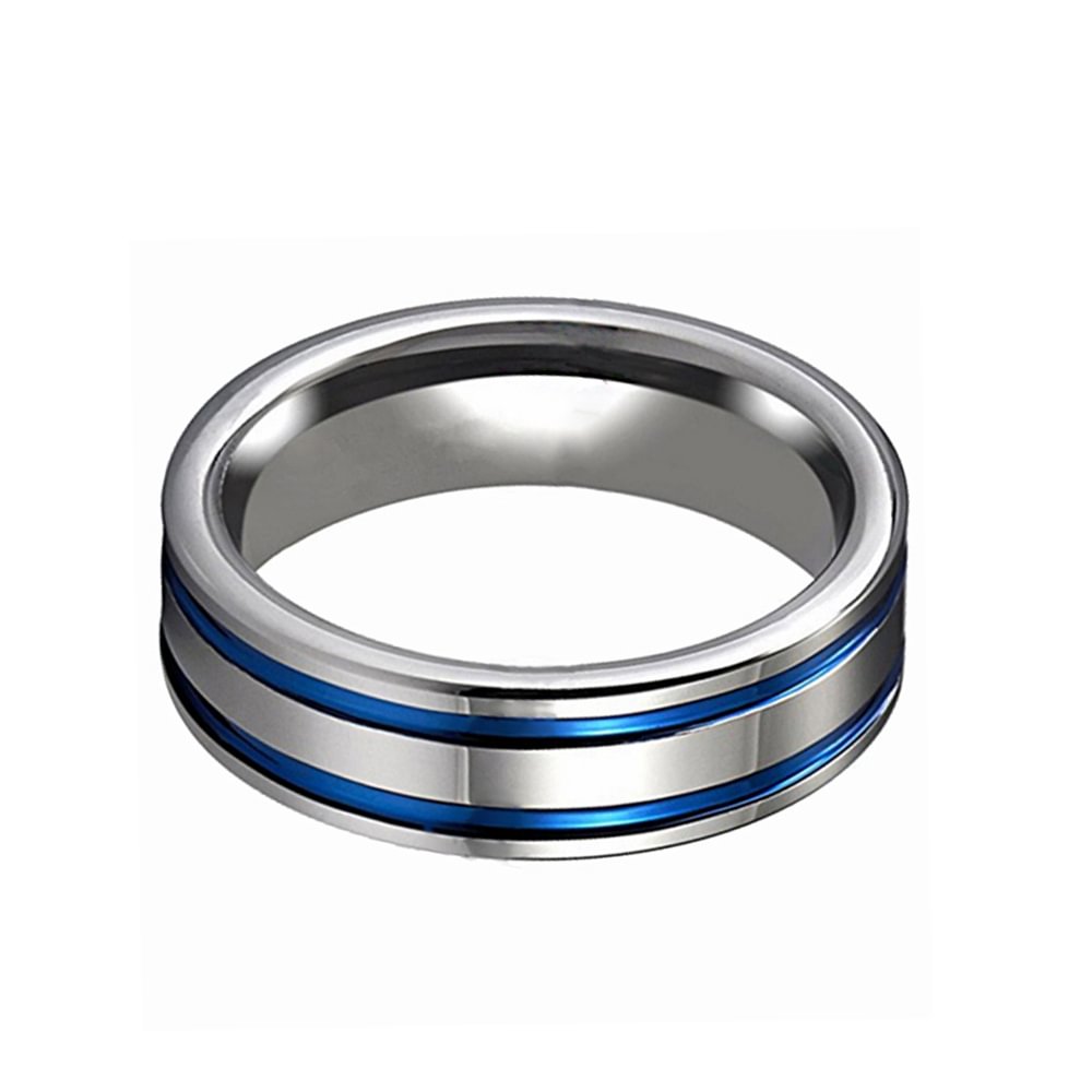 Two Grooves Plated Blue Glossy Mens Silver Tungsten Rings