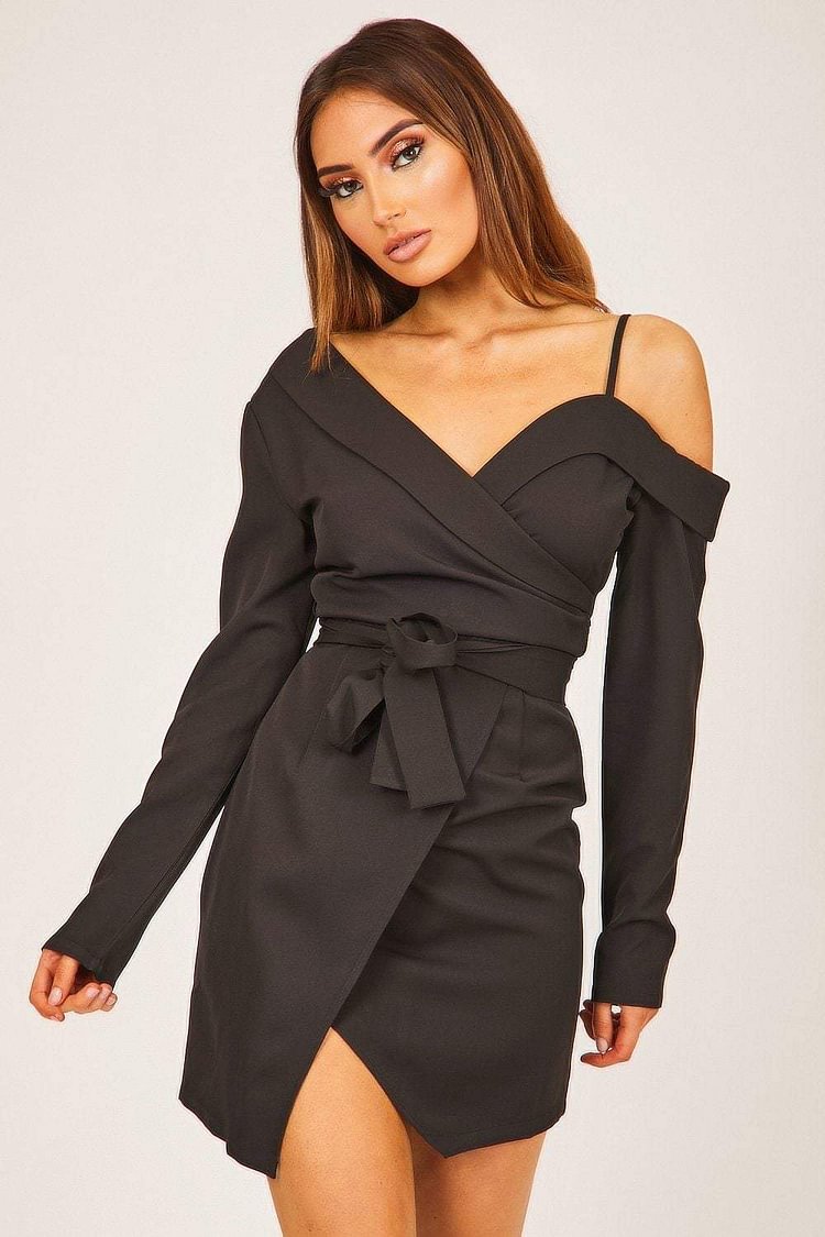 Black One Shoulder Wrap Dress Katch Me