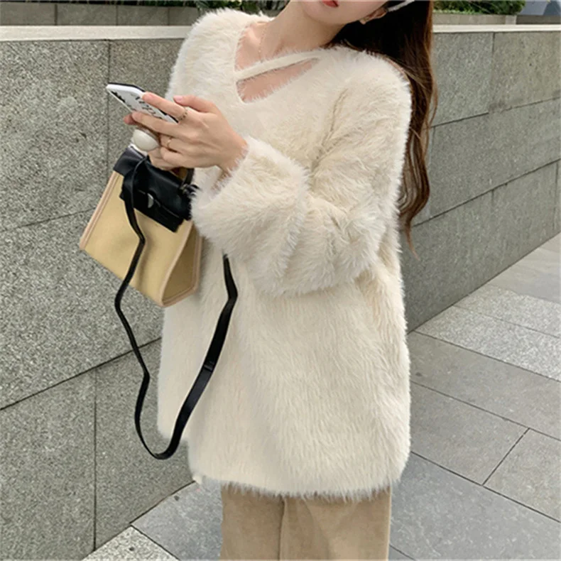 Ueong Ueong Fufu Soft Waxy Imitation Mink Wool Clothes Autumn Winter Gentle Lazy Wind V Collar Outside Wear A Loose Jacket