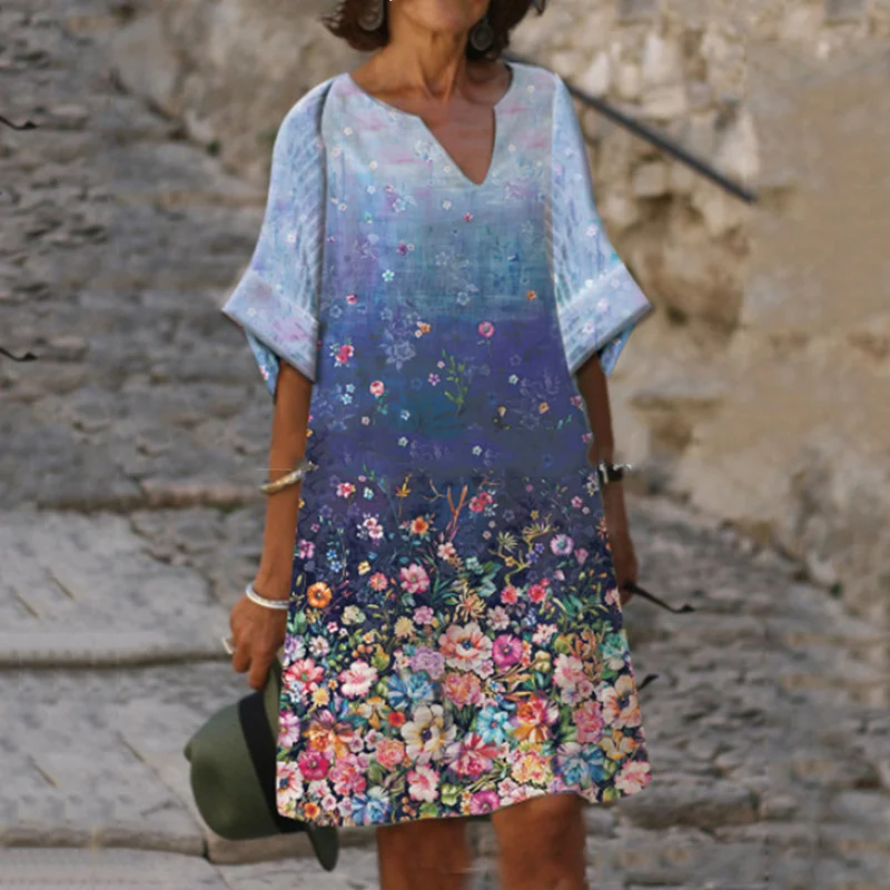 Casual Ombre Floral Print Midi Dress
