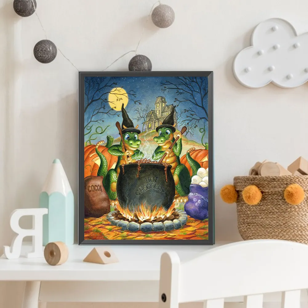 Full Round Diamond Painting 30*40cm - Green Dinosaur Cooking Soup