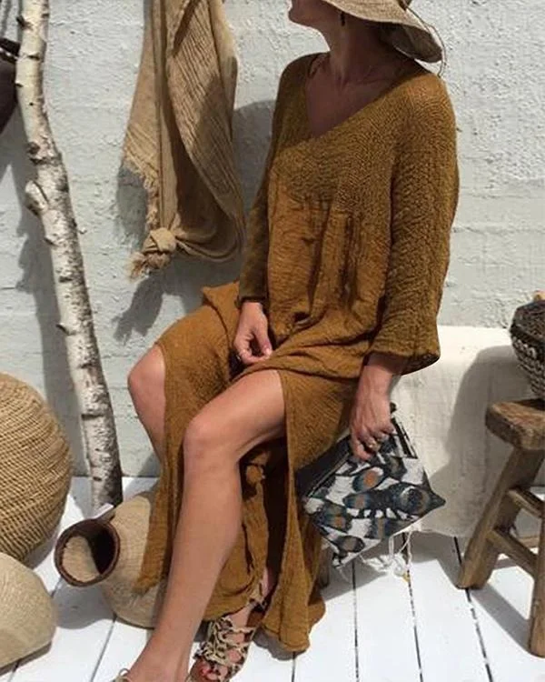V-Neck Long Sleeve Solid Dress