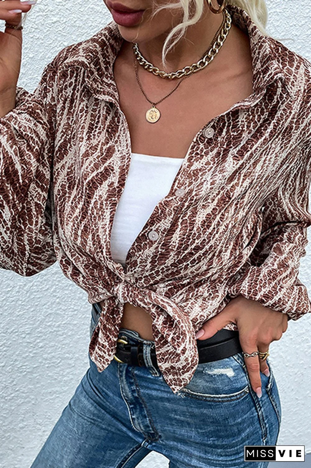 Casual Street Print Buckle Turndown Collar Tops