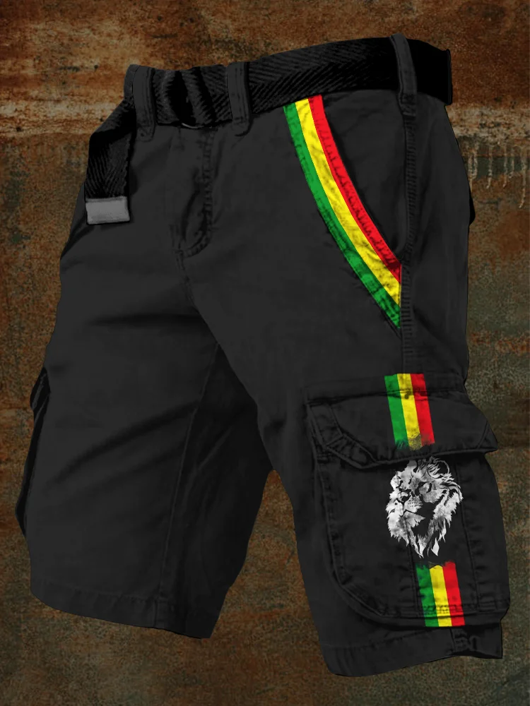 Comstylish Rasta Stripe Lion Head Reggae Vintage Cargo Shorts