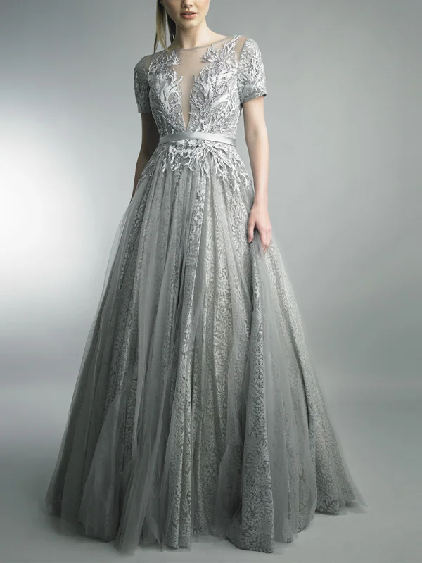 Round Neck Short Sleeve Lace Solid Color Maxi Dress