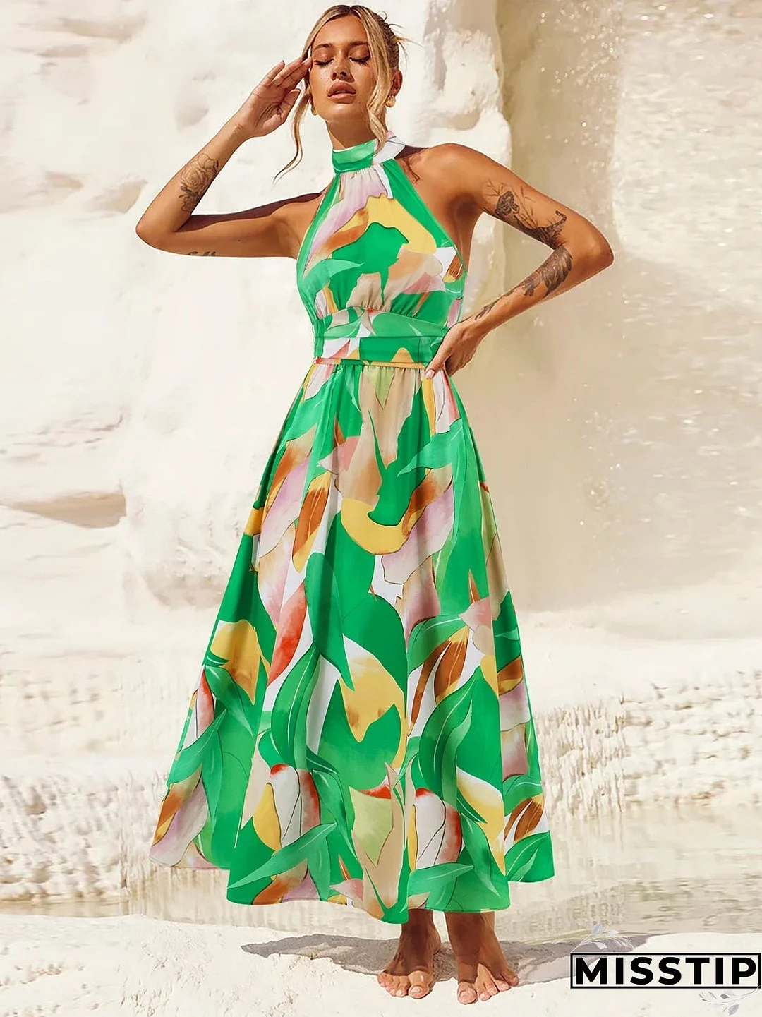 Ruched Printed Halter Neck Sleeveless Dress