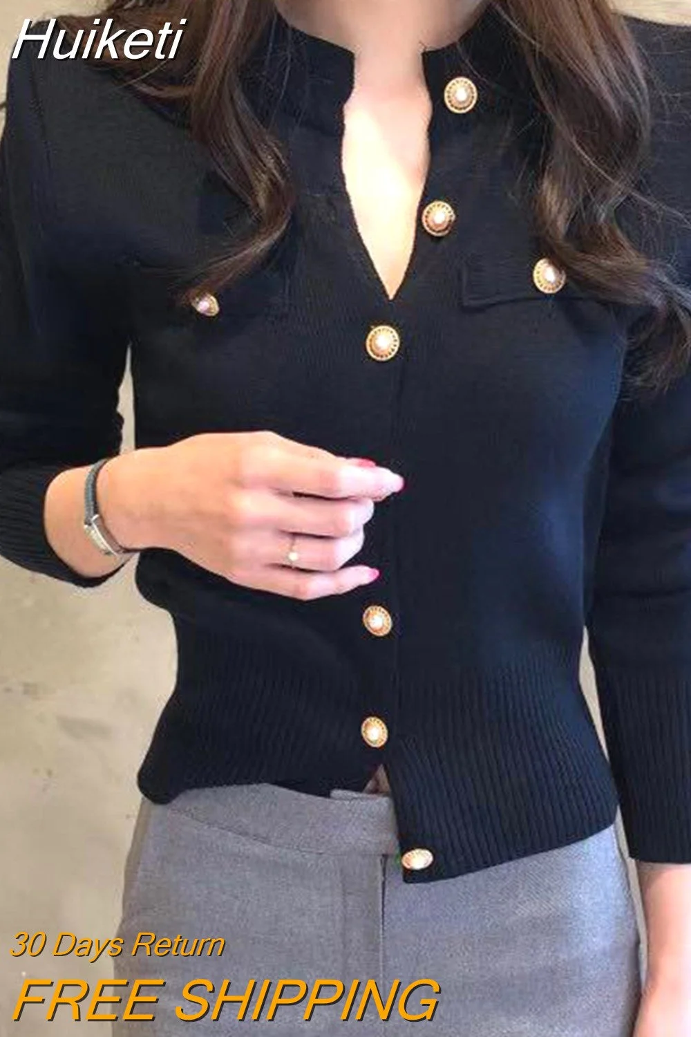 Huiketi Fashion Women Cardigan Sweater Spring Knitted Long Sleeve Short Coat Casual Single Breasted Korean Slim Chic Ladies Top