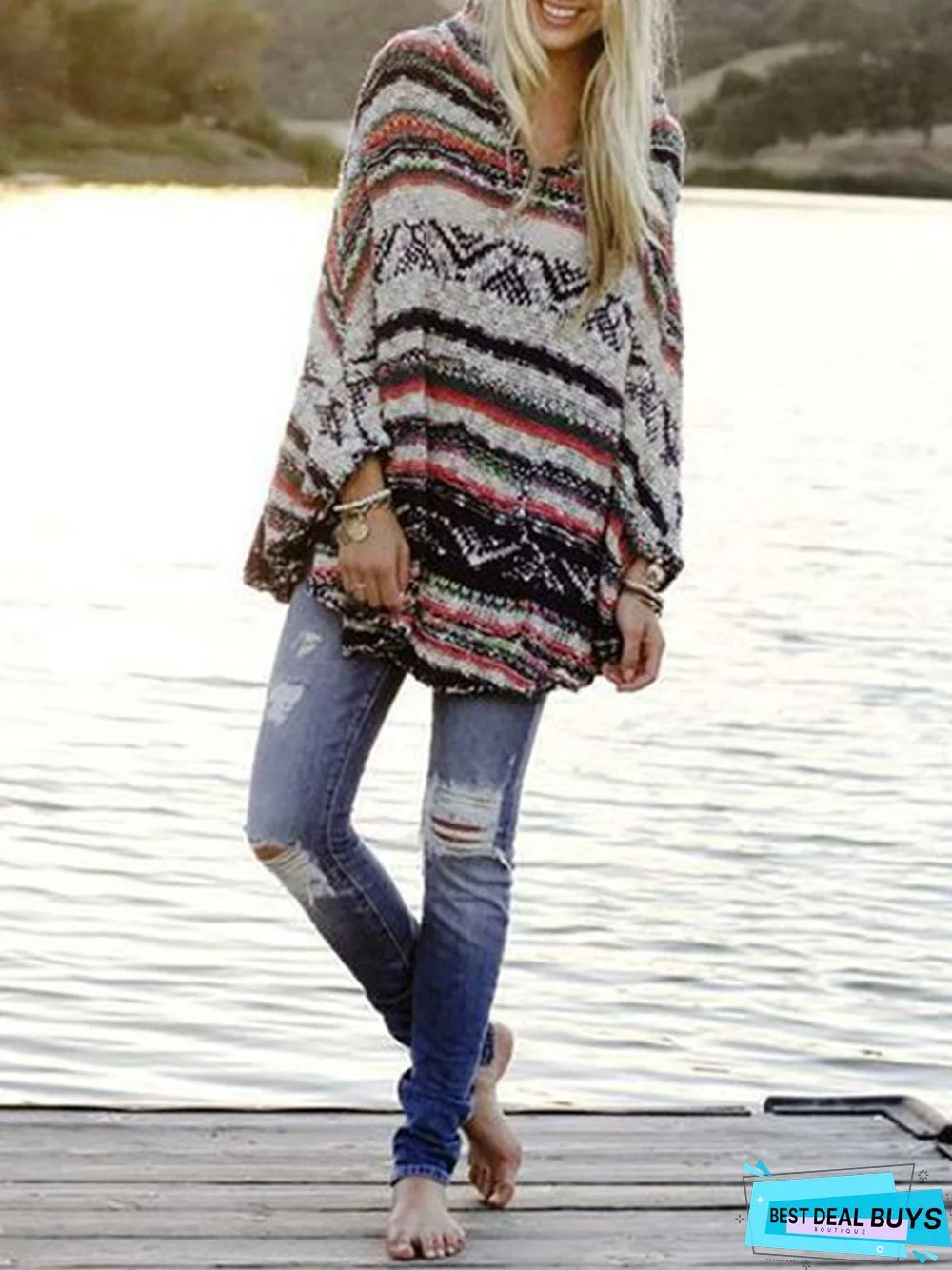 Color-Block Knitted Long Sleeve Hoodie Sweater
