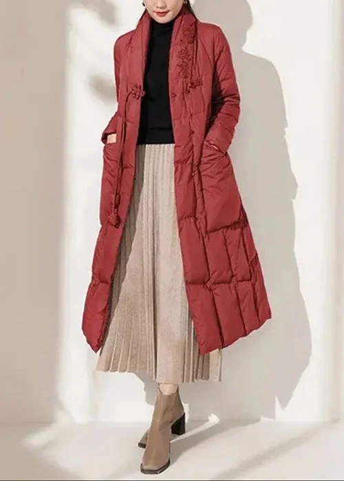 Women Red Button Pockets Patchwork Duck Down Coat Winter