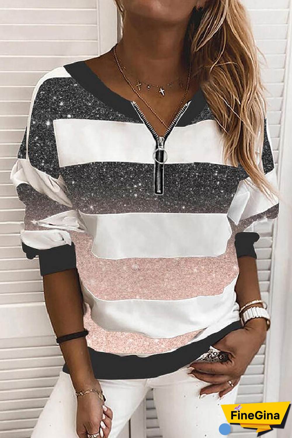 Zipper Gradient Color V-Neck Sweatshirt