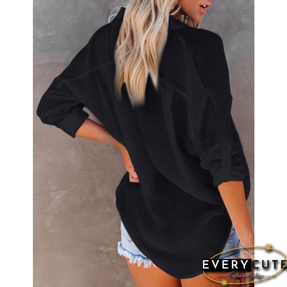 Black Lapel Collar Pocket Button Shirt