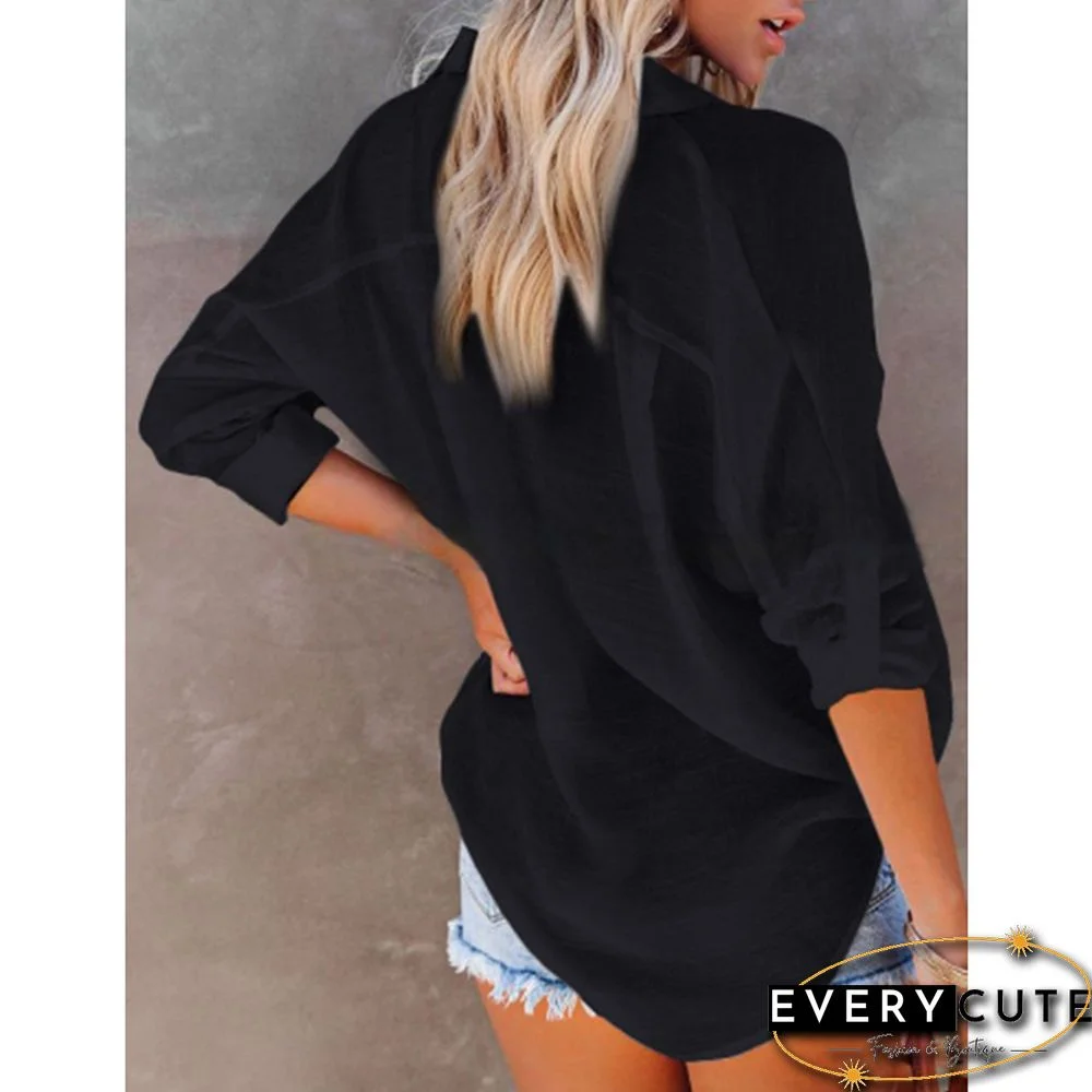 Black Lapel Collar Pocket Button Shirt