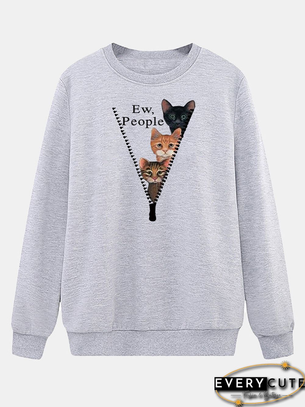 Cartoon Cat Printed O-neck Long Sleeve Sweatershirt