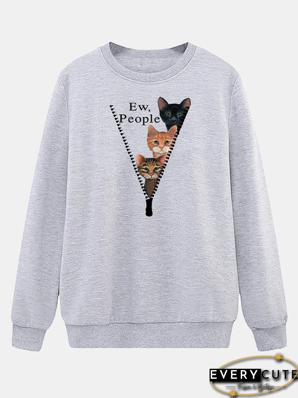 Cartoon Cat Printed O-neck Long Sleeve Sweatershirt