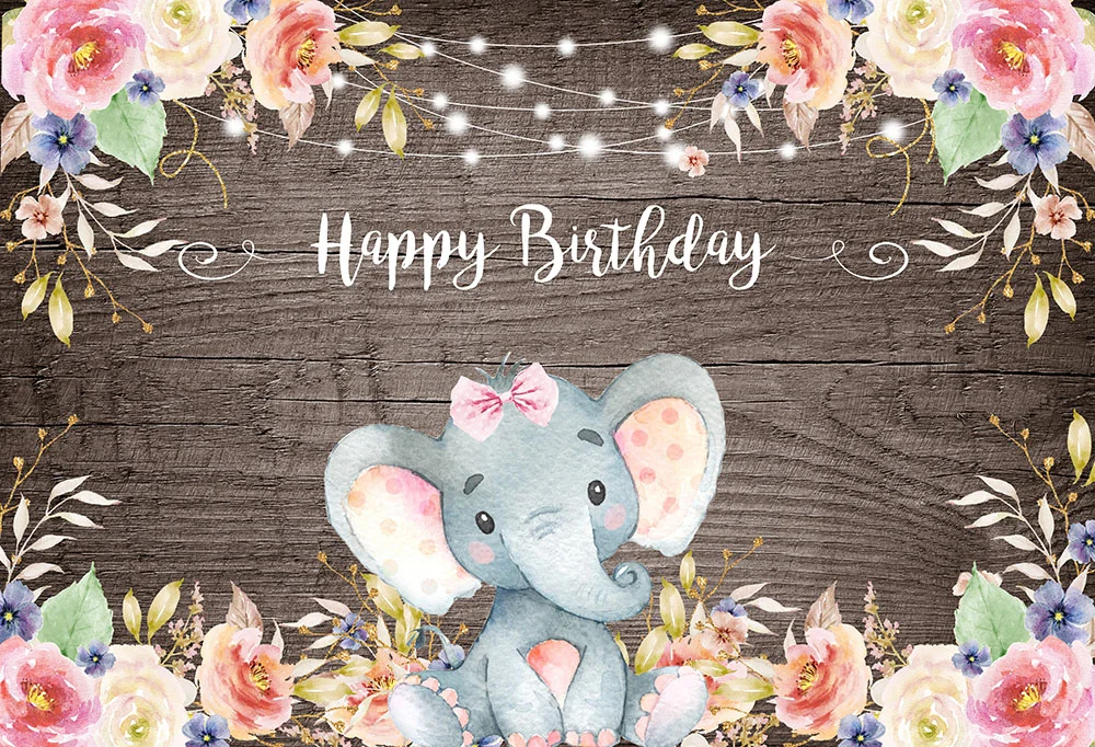 Pink Flowers And Baby Elephant Girl Birthday Party Backdrop RedBirdParty