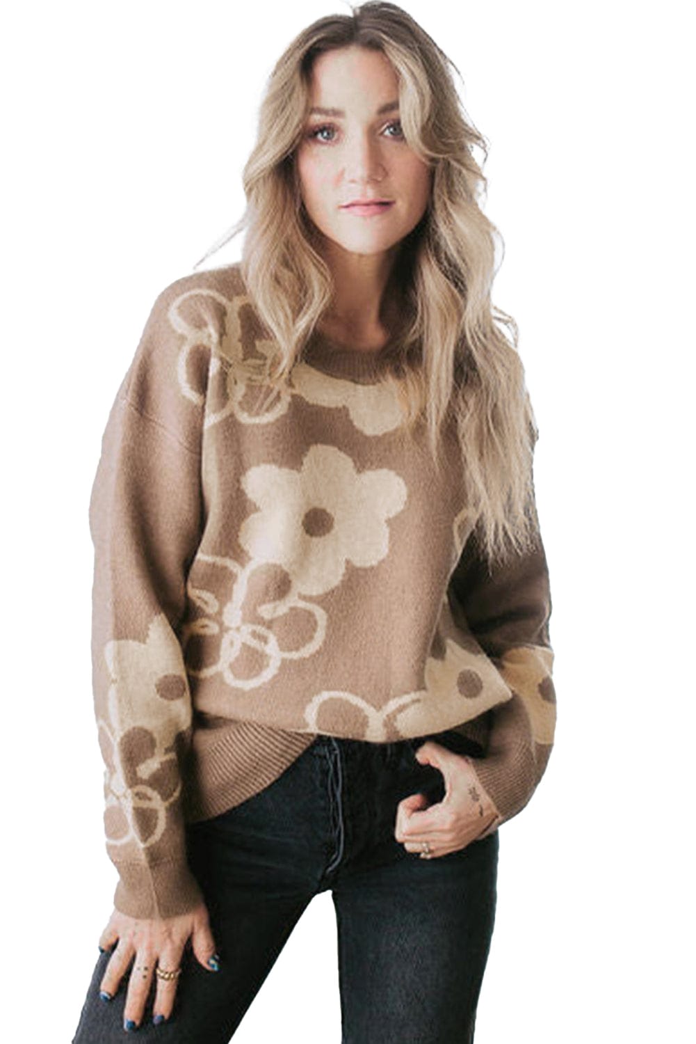 Cozy Camel Floral Knit Sweater with Drop Shoulder Detail