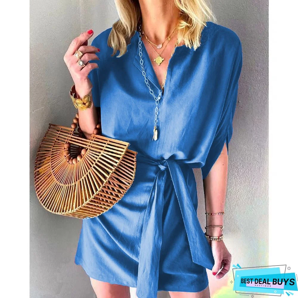 Half Sleeve Lace Up Satin Casual Dress