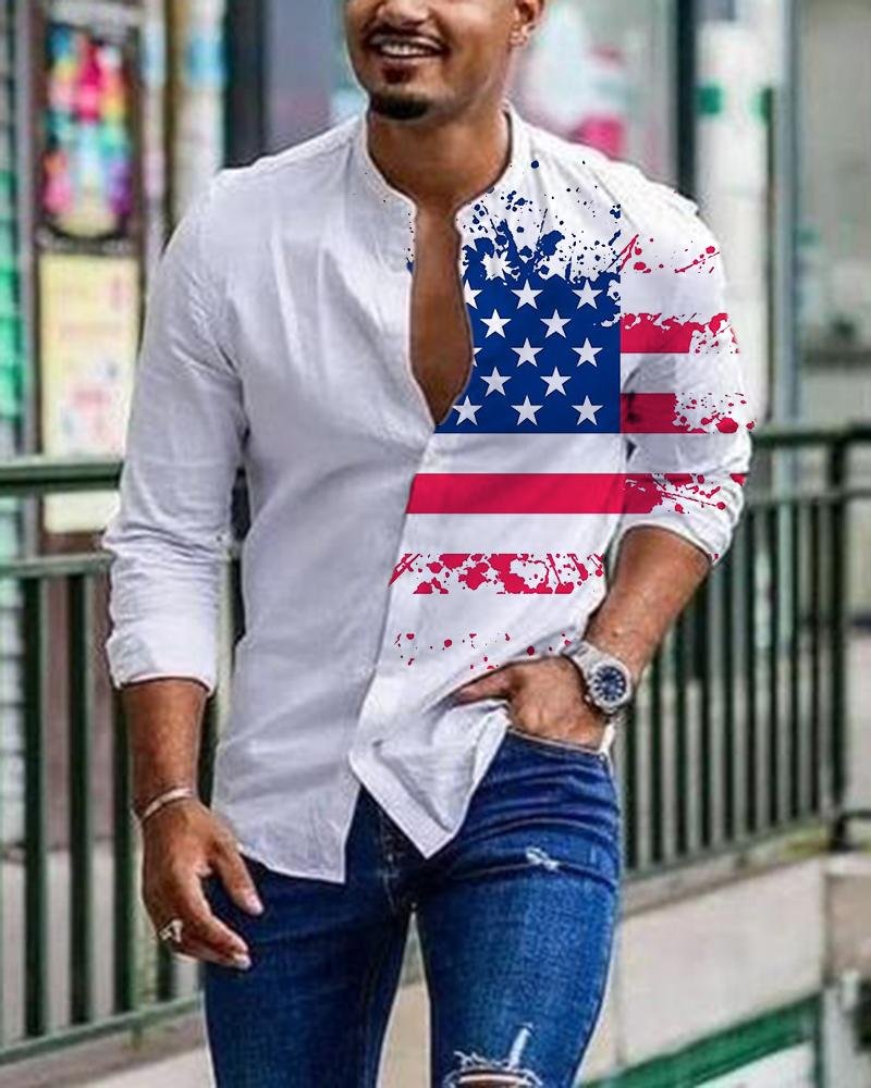 Men's Cotton Abstract  Flag Printed Long Sleeve Cardigan Shirt