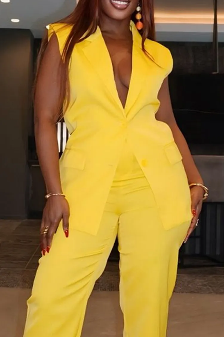 Women's Elegant Yellow Sleeveless Vest Or Wide-Leg Trousers