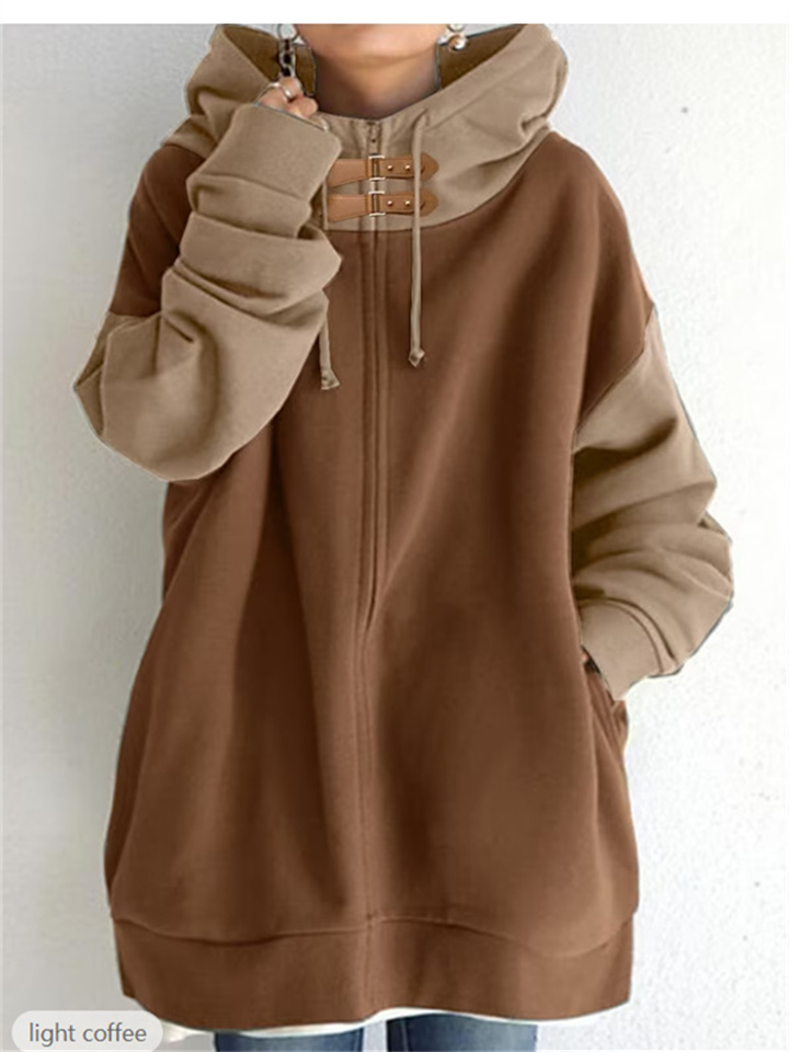 Autumn New Women's Loose Hooded Zipper Long Sleeved Sweatshirt