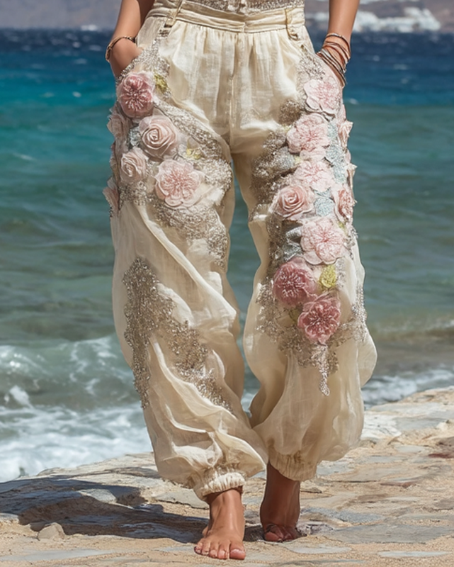 Summer Vacation 3D Floral Embroidered Cotton and Linen Pants 6989