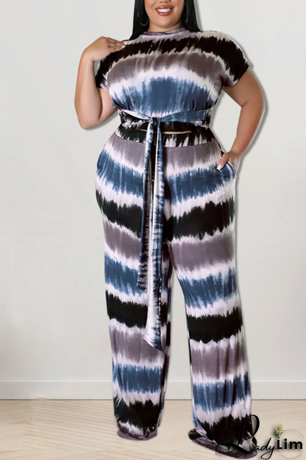 Purple Casual Striped Print Tie Dye Bandage Patchwork O Neck Plus Size Two Pieces