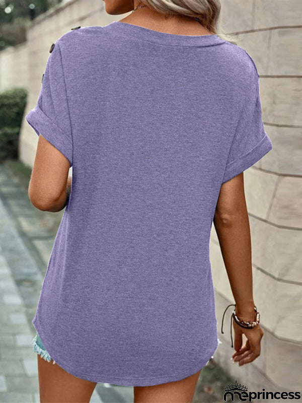 Solid Short Sleeve V-Neck Top with Buttons