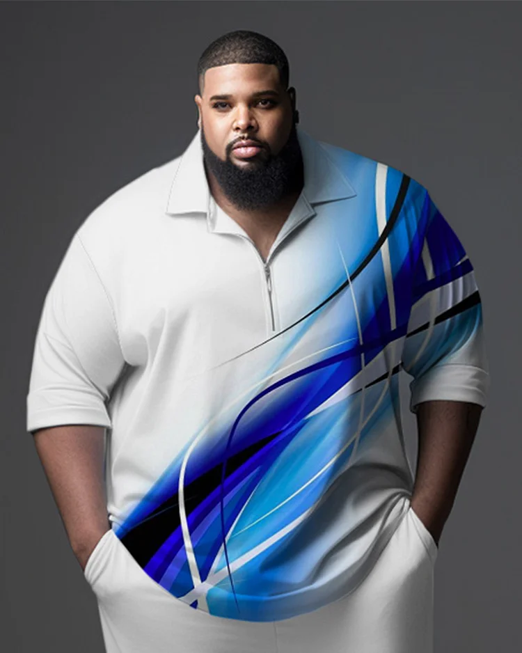 Men's White Gradient Plus Size Gentleman Business Polo Zipper Shirt and Pants Two-piece Set