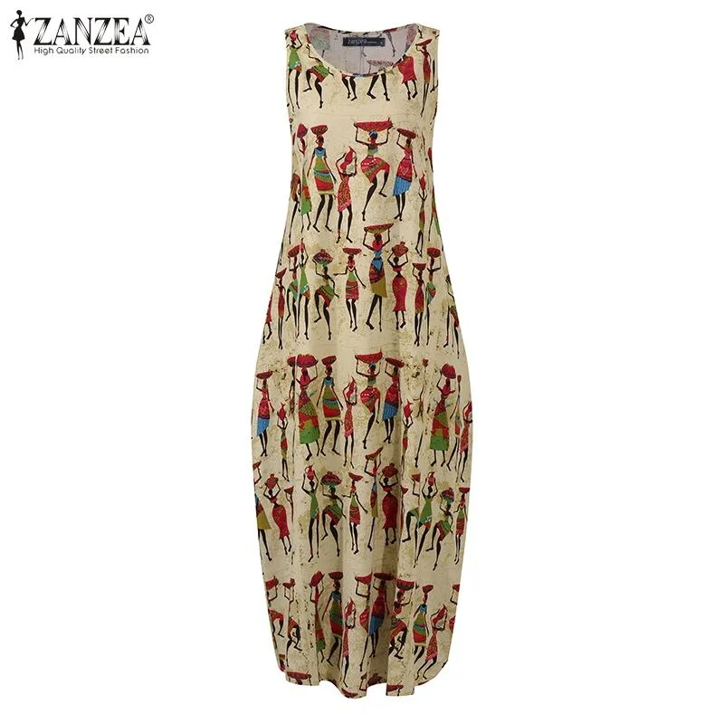ZANZEA Women Cotton Linen Dress Vintage Summer Floral Printed Long Dress Sleeveless Sundress Baggy Beach Vestido Sarafans