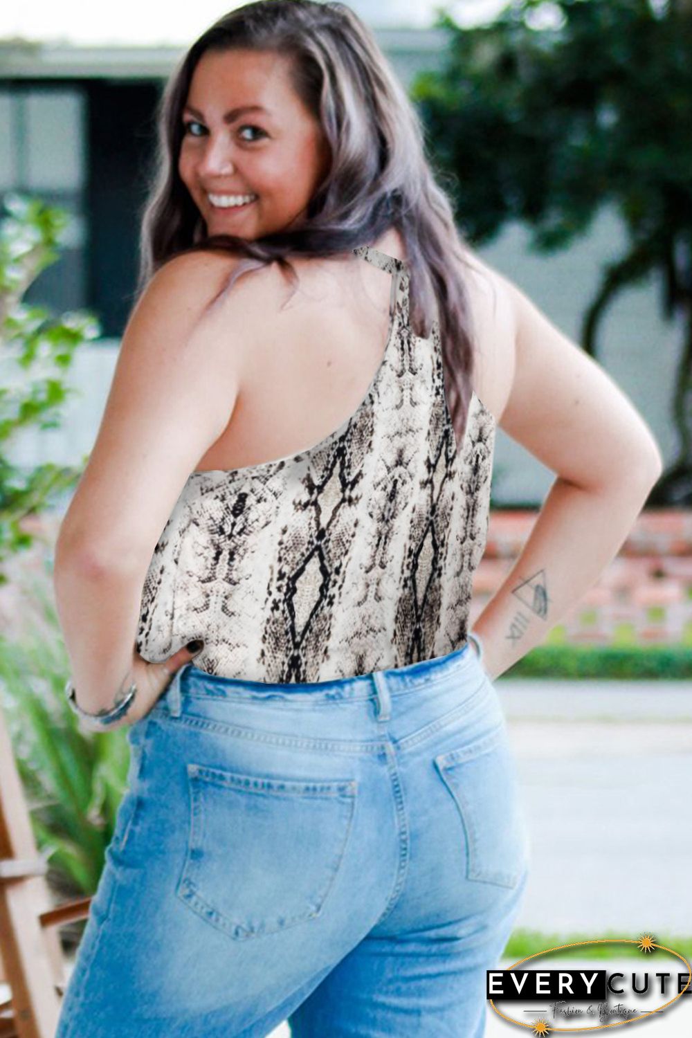 Plus Size Snakeskin Lace Splicing Spaghetti Strap Tank Top