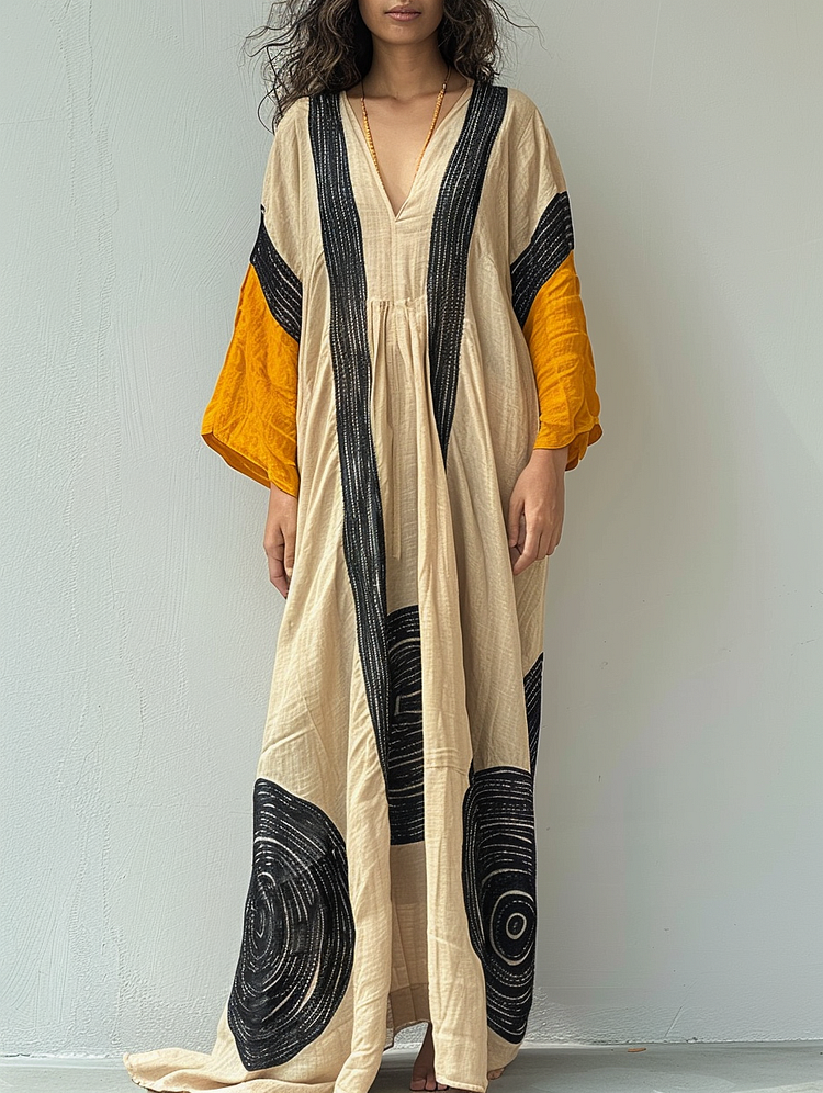 Linen Printed Kaftan Maxi Dress