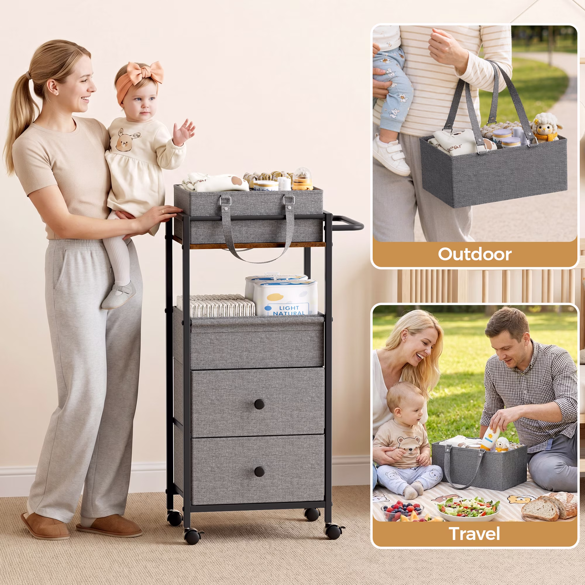Baby Diaper Caddy Organizer Cart with Drawers - 3In1 Rolling Storage Cart with Wheels, Removable Diaper Caddy, Detachable Dividers - for Crib, Bedroom, Art & Craft Organizer (Black)