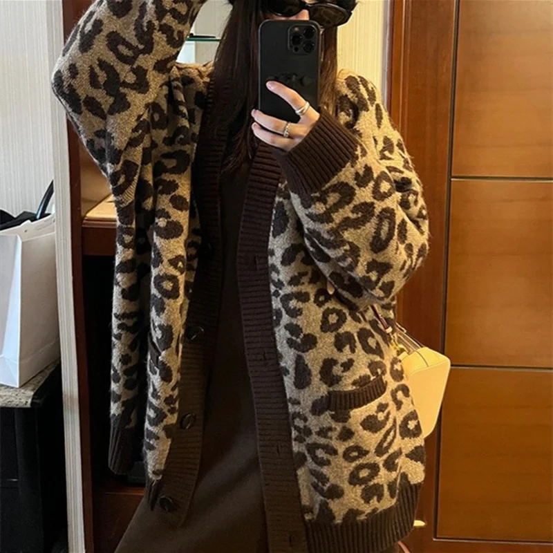 Toloer Toloer And Winter Leopard Print Casual Loose Long-Sleeved Sweater Women's Coat Long Women's Sweater-Outfit Ideas