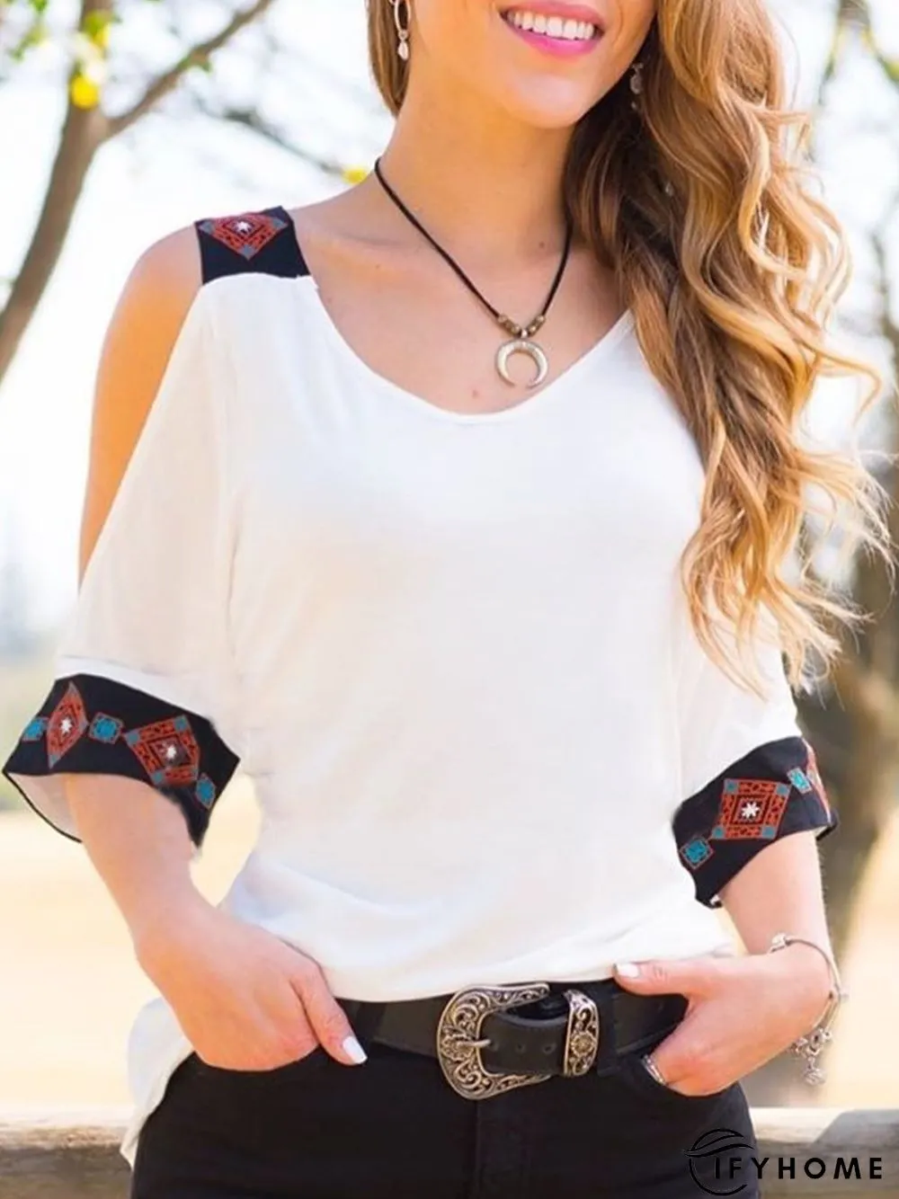 Vintage Boho Geometric Plus Size Half Sleeve Casual Tops | IFYHOME