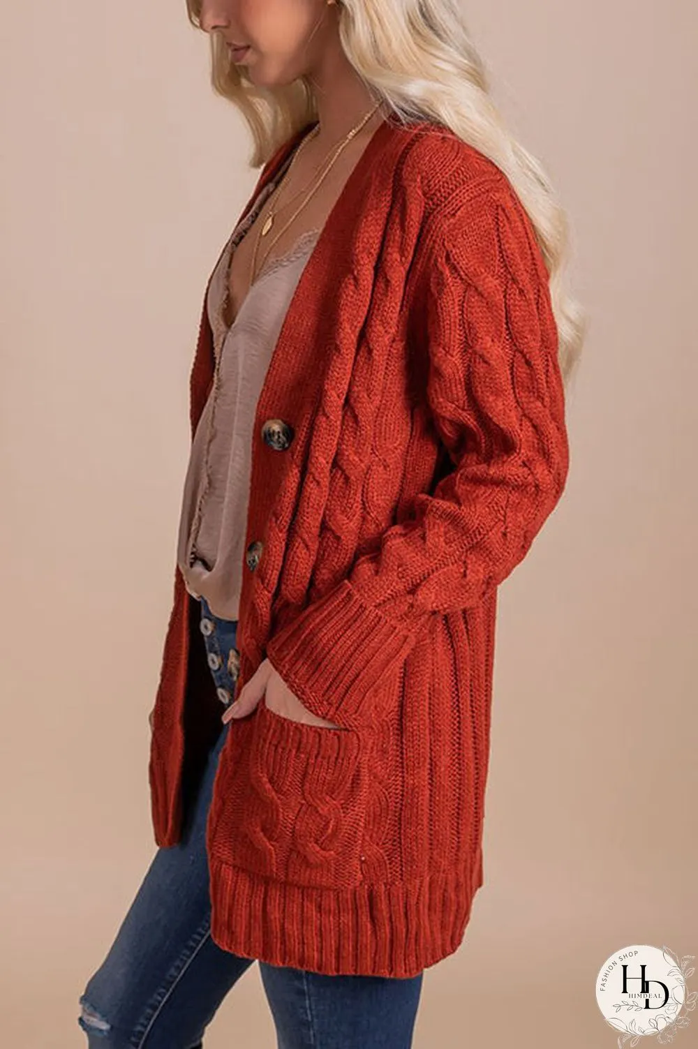 Button Cable Knit Cardigan