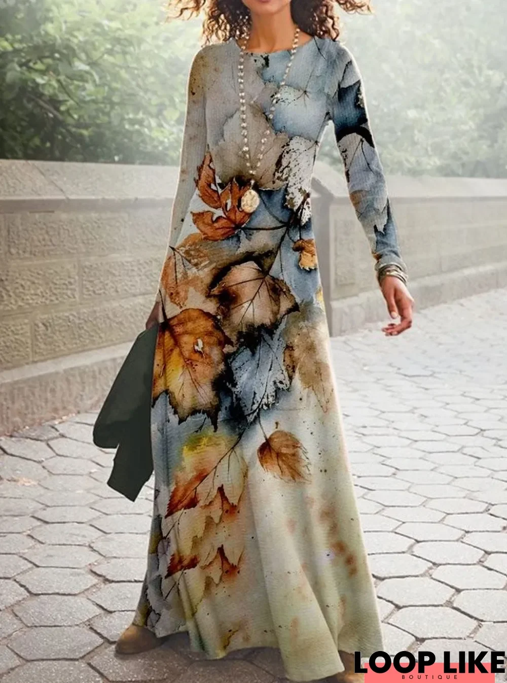 Fashion Leaf Print Round Neck Long Sleeve Casual Maxi Dress