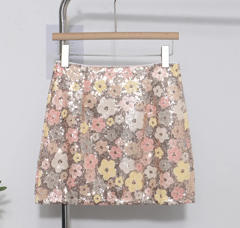 Nigikala Nigikala Heavy Industry Lighting Flowers A-Word Skirt High Waist Thin Ass Anti-Light Short Skirt Women 8158